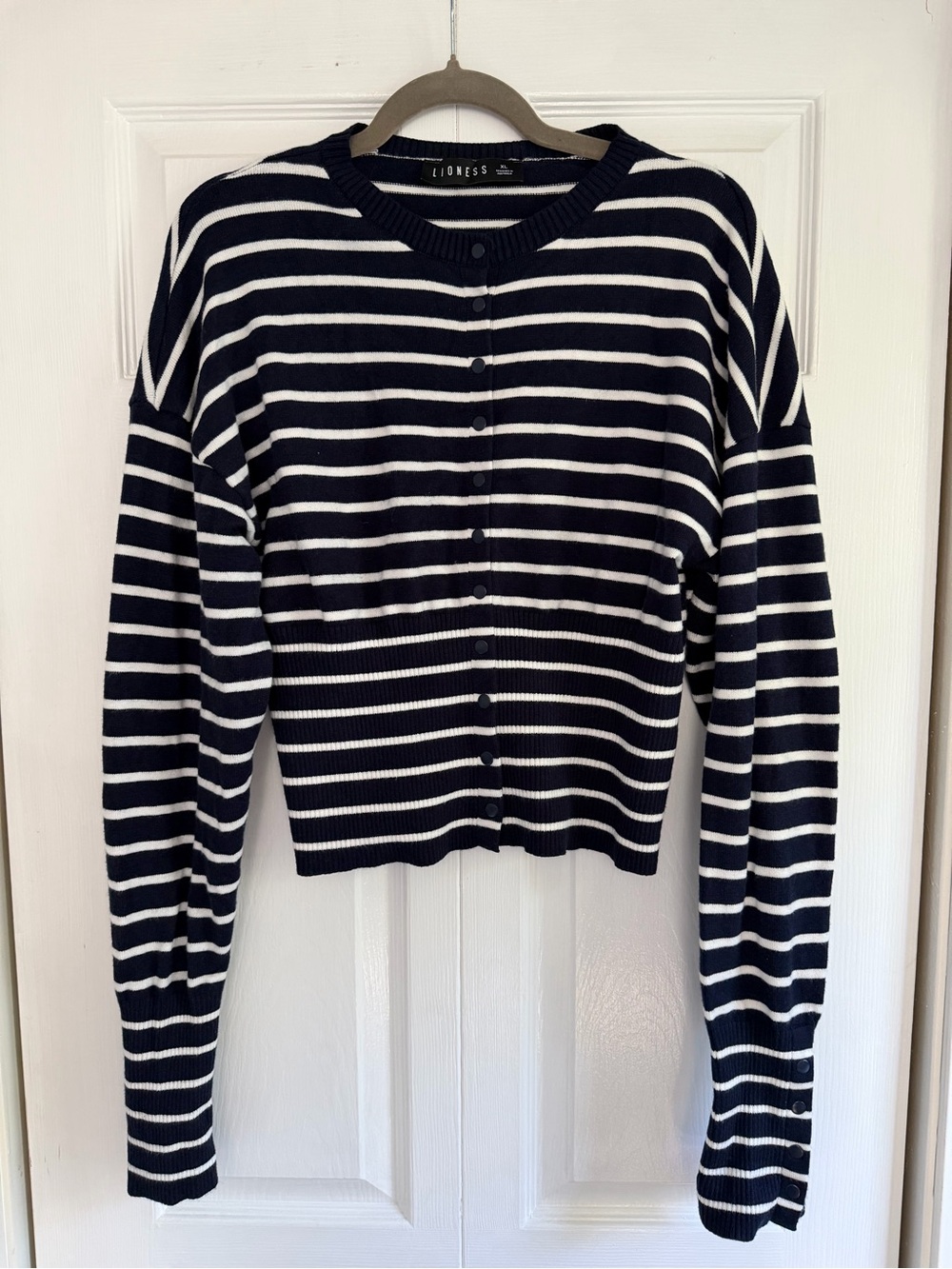 Lioness Navy and White Striped Button-Front Cardigan